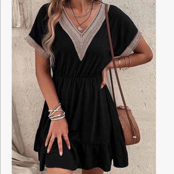 Boho Sheer Mesh Crochet Lace Flounce Sleeve Ruffle Dress - Picture 5 of 15